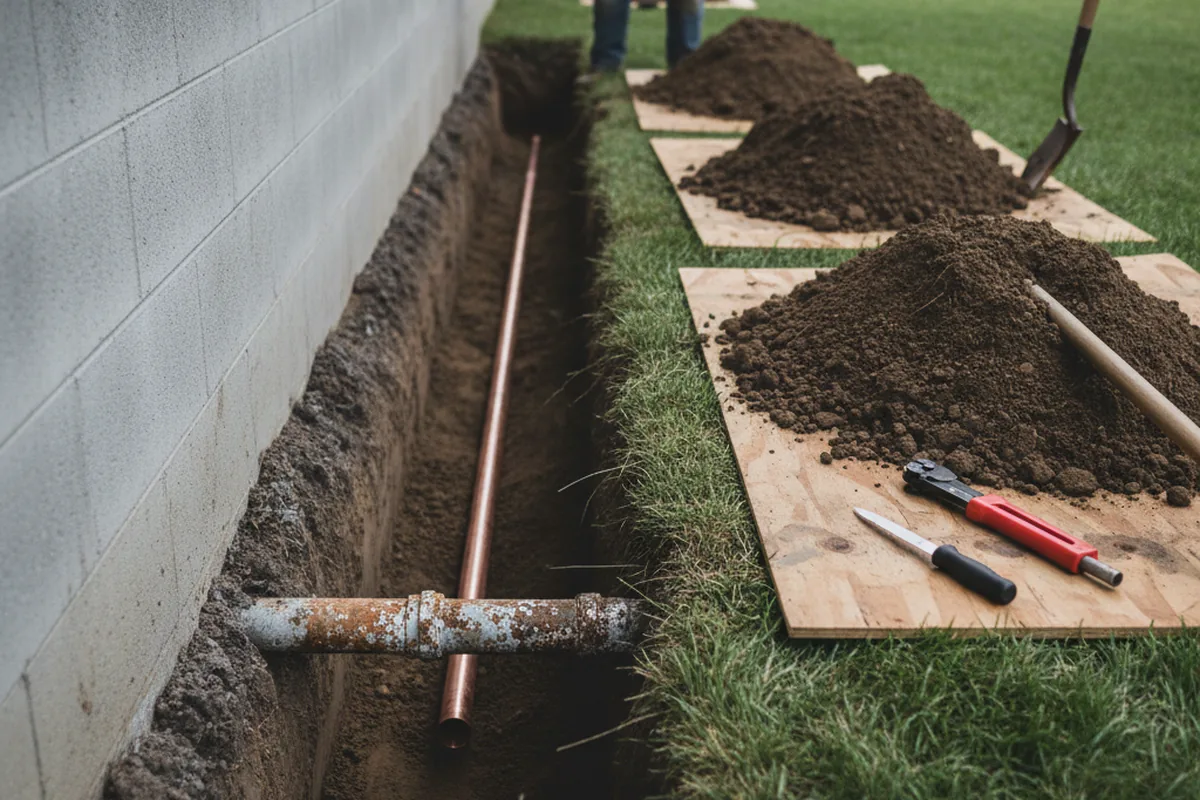Excavated water line trench during Sewer Line Repair in San Pierre